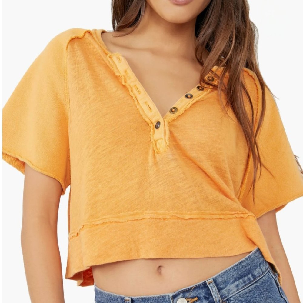 Free People Size Large Keep It Classic Linen/Cotton Crop T-Shirt Orange NWT $68
